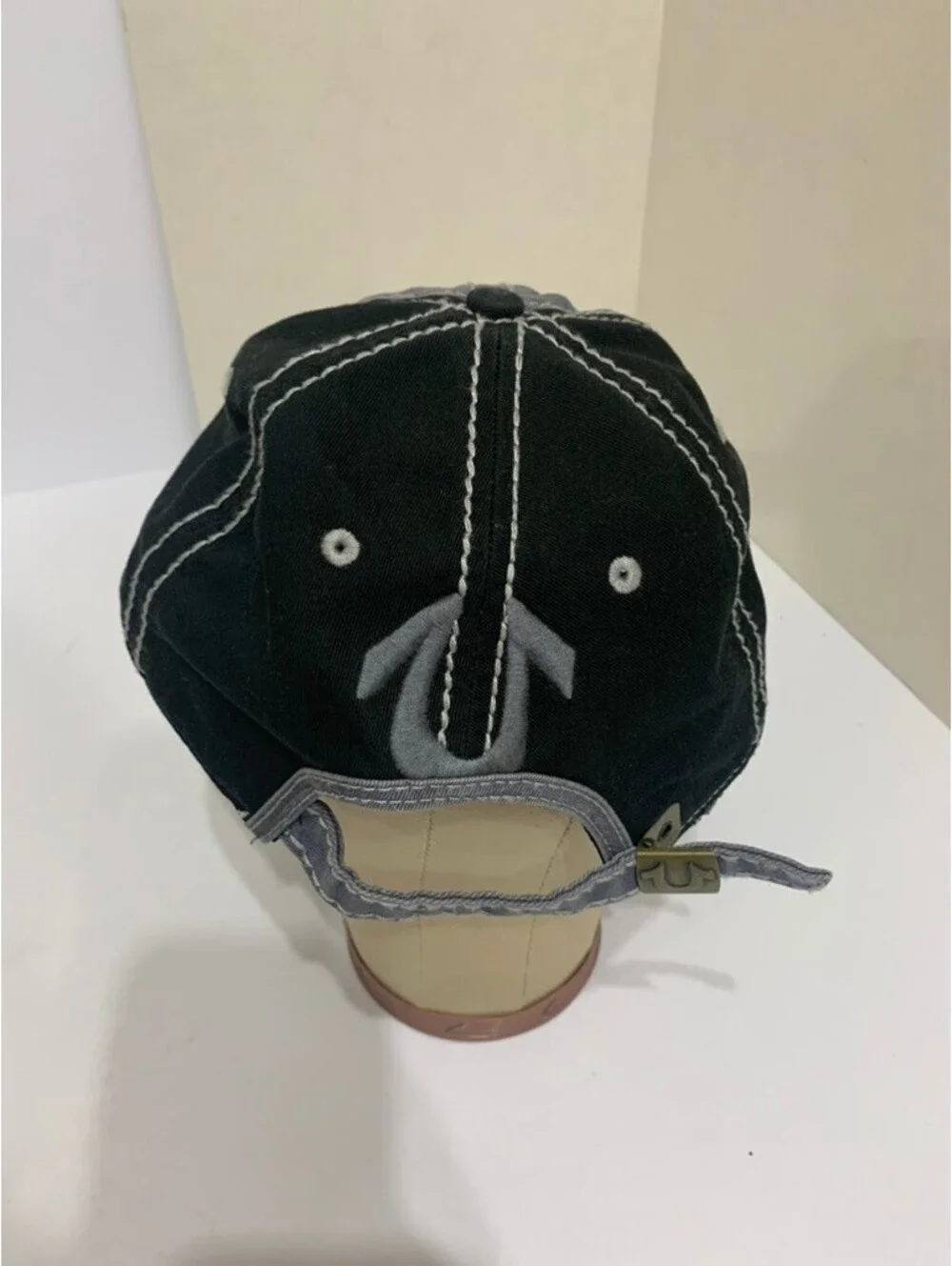 True Religion Brand Jeans Distressed Baseball Hat Gray Black Adjustable OSFA